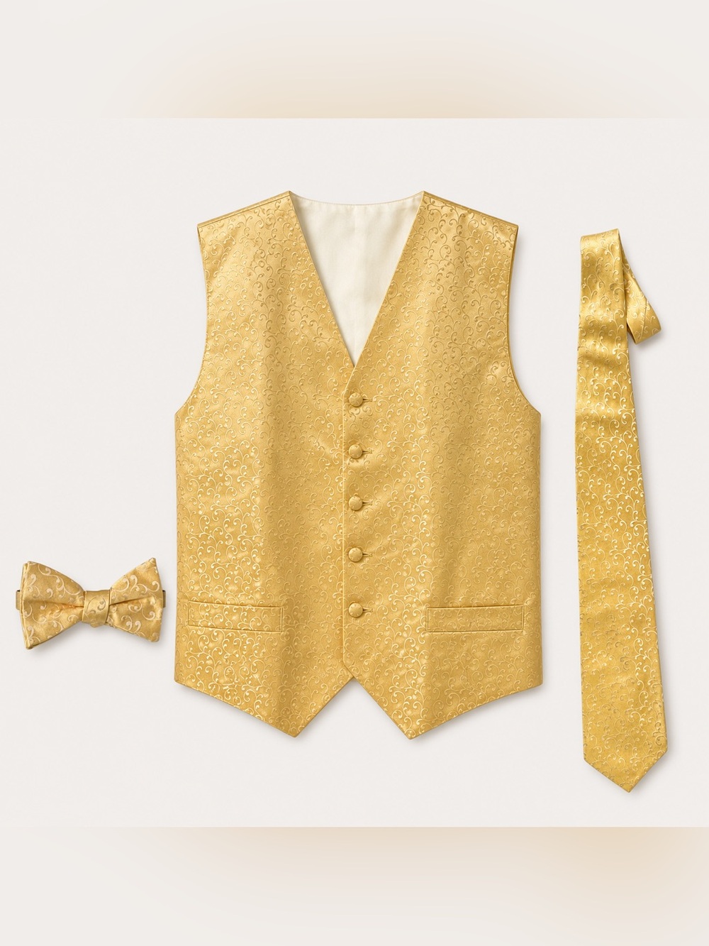 Robert Mager Paris Gold 100% Silk Vest Tie Bow Tie Set L